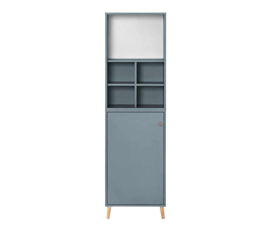 Ein blauer Schrank mit Regalen oben und einer Tür unten. Das 3-teilige Büromöbel-Set »Serie 500« ist fjordblau.
