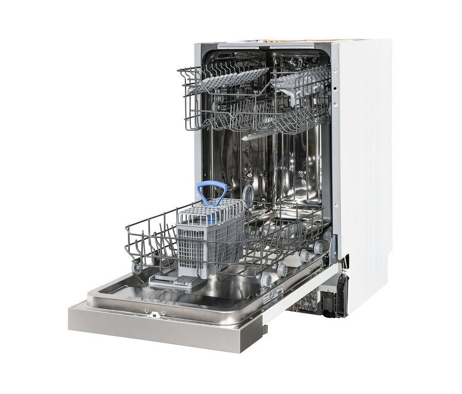 Geöffneter, weißer Respekta teilintegrierter-Geschirrspüler »GSP45TiDV«, ca. 45 cm, E (von A bis G) mit Edelstahlinnenraum und grauen Körben.
