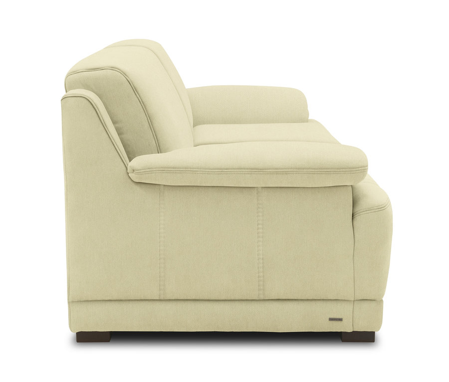 Seitenansicht des beigen 2-Sitzer-Boxspringsofas „Telos“.