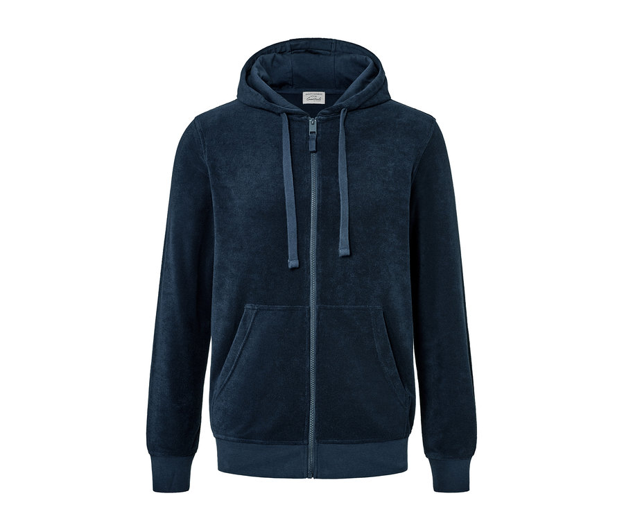 Blaue Frottee-Kapuzenjacke mit Reißverschluss und Taschen.