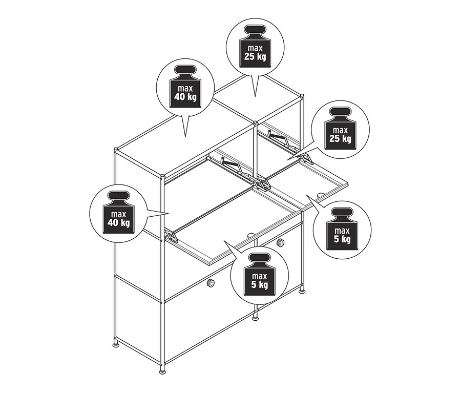 Abbildung einer »CN3« Kommode mit 6 Klappen mit Markierungen zum maximalen Gewicht.