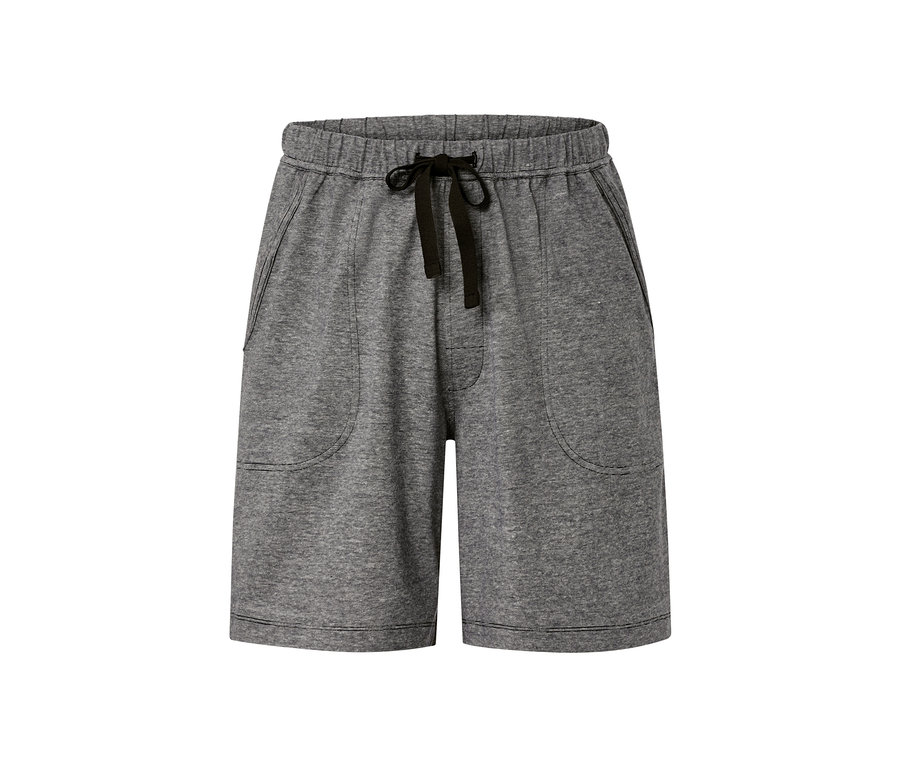 Graue kurze Relaxhose mit schwarzem Kordelzug.
