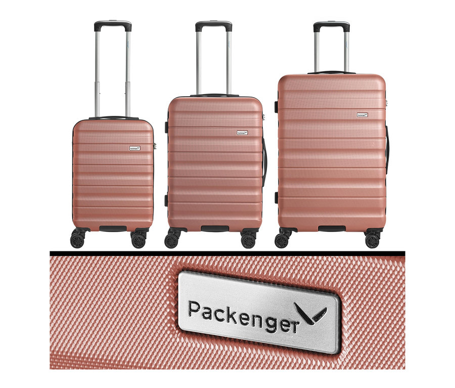 Drei PACKENGER Hartschalen-Koffer, 3er-Set »Jörn«, mauve stehen nebeneinander.