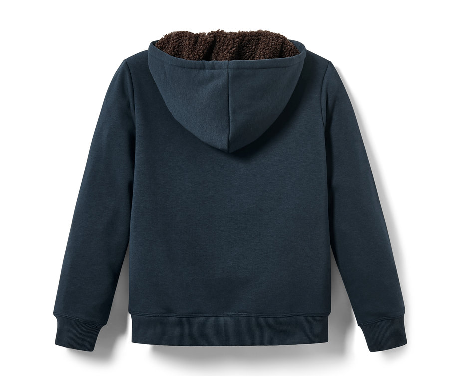 Detail der Rückseite einer Kinder-Sweat-Jacke mit Kapuze und braunem Fellfutter.