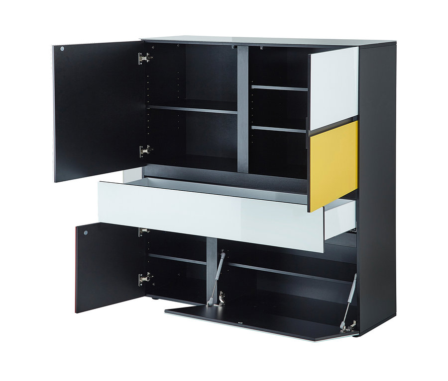 Offener schwarzer Highboard »Ideeus« mit weißer Schublade und gelben und weißen Türen.