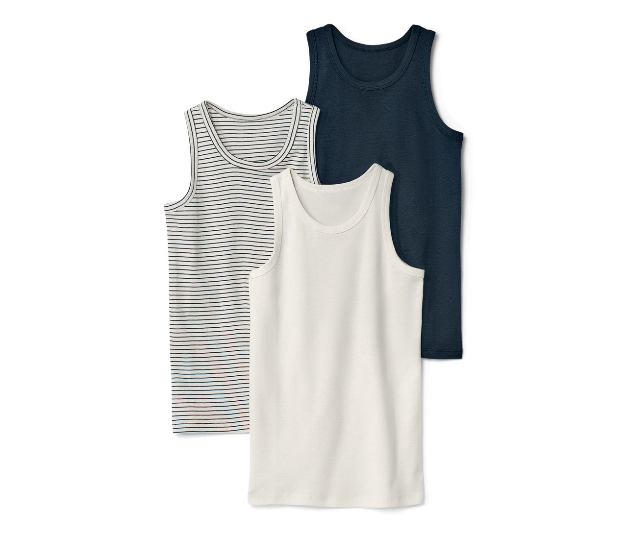 Drei Kinder-Unterhemden: eines gestreift, eines weiss und eines dunkelblau.