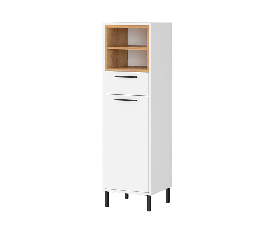 Weißer Mittelschrank „Loria“ mit offenen Holzregalen oben und Schubladen unten.