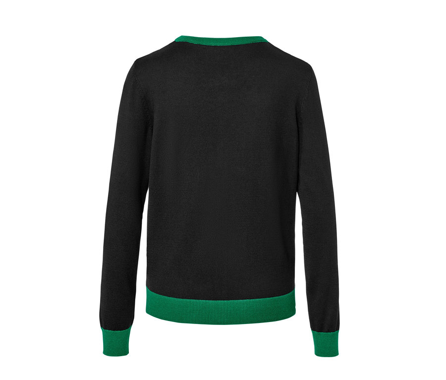 Schwarzer Feinstrick-Cardigan mit grünen Abschlüssen.