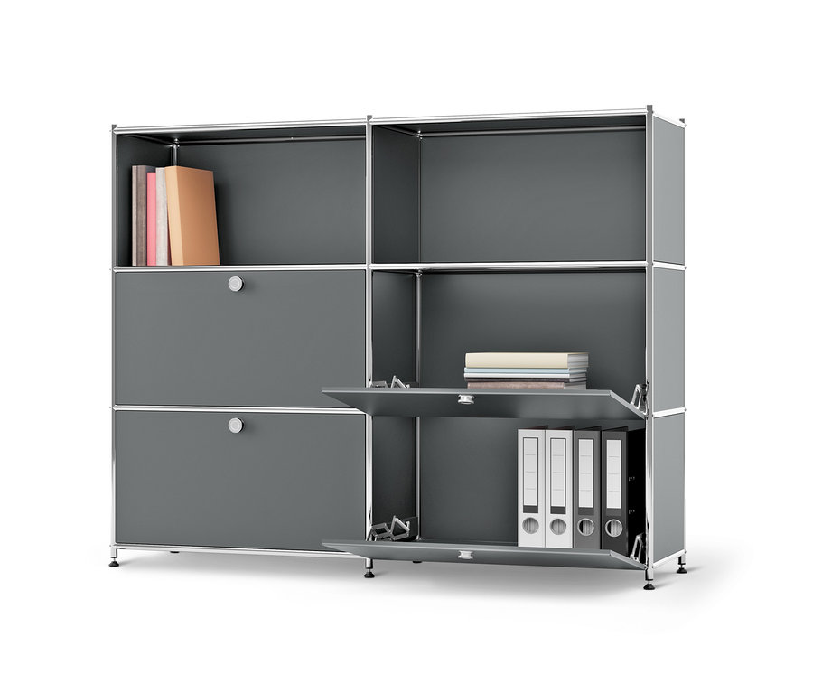 Graue Kommode Metall »CN3« mit versetzbaren Klappenfächern, mit Büchern und Ordnern.