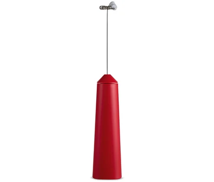 Ein roter, wiederaufladbarer Akku-Milchaufschäumer.