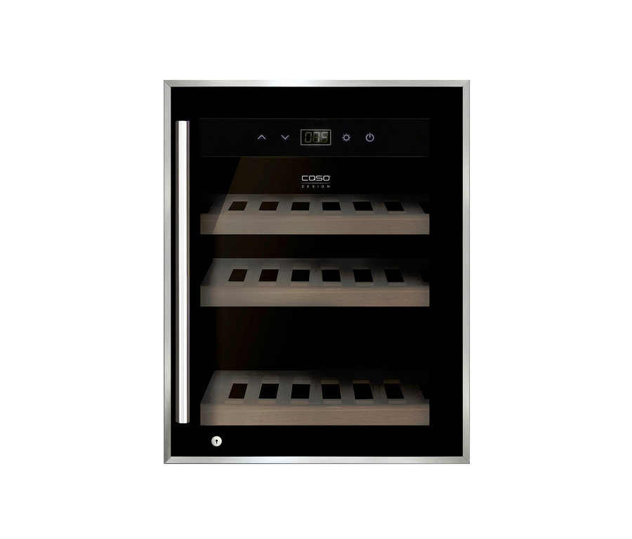 Schwarzer Caso WineSafe 12 Weinkühlschrank mit leeren Regalen.