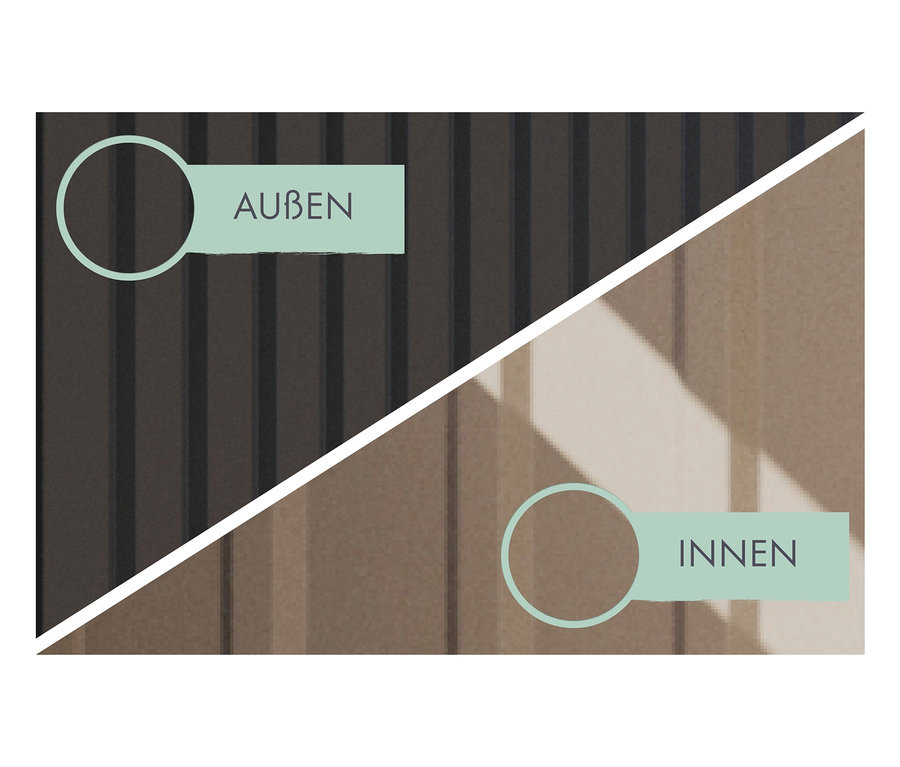 Geteilte Ansicht der Außen- und Innenseite des Karibu Metall-Gartenhauses »Topline 2«.