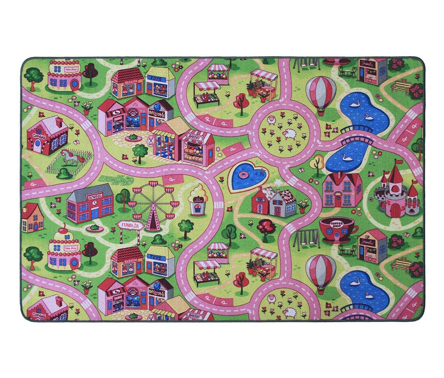 Bunter Spielteppich »Sweet City«, ca. 140 x 200 cm mit Stadtmotiv, inklusive Straßen, Gebäuden und Landschaft.