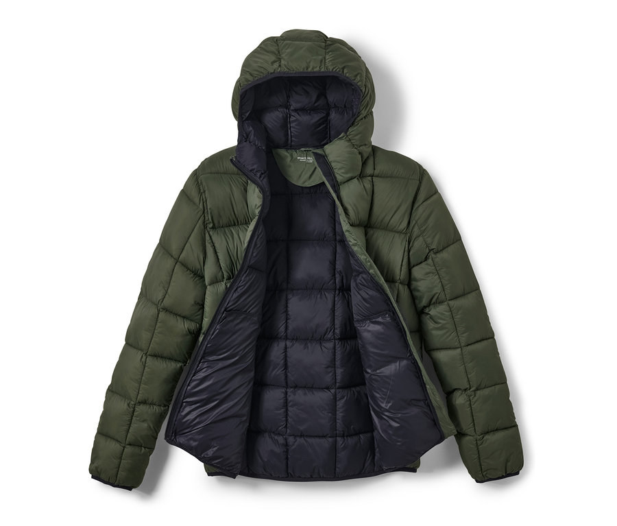 Offene Steppjacke in Khaki mit Kapuze.