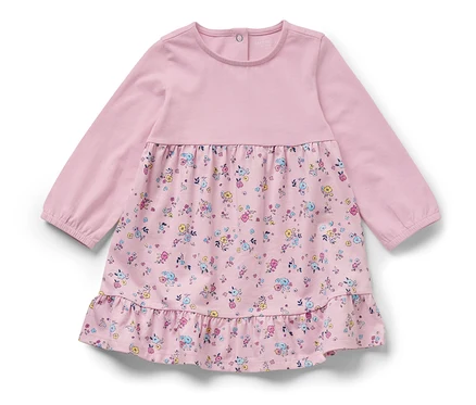Rosa Baby-Jerseykleid mit Blumenmuster.