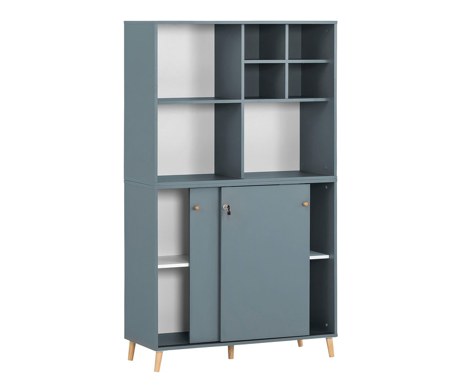 Blauer Schrank mit Schiebetüren, Regalen und Holzfüßen. Sichtbar ist ein 3-teiliges Büromöbel-Set »Serie 500«, fjordblau.