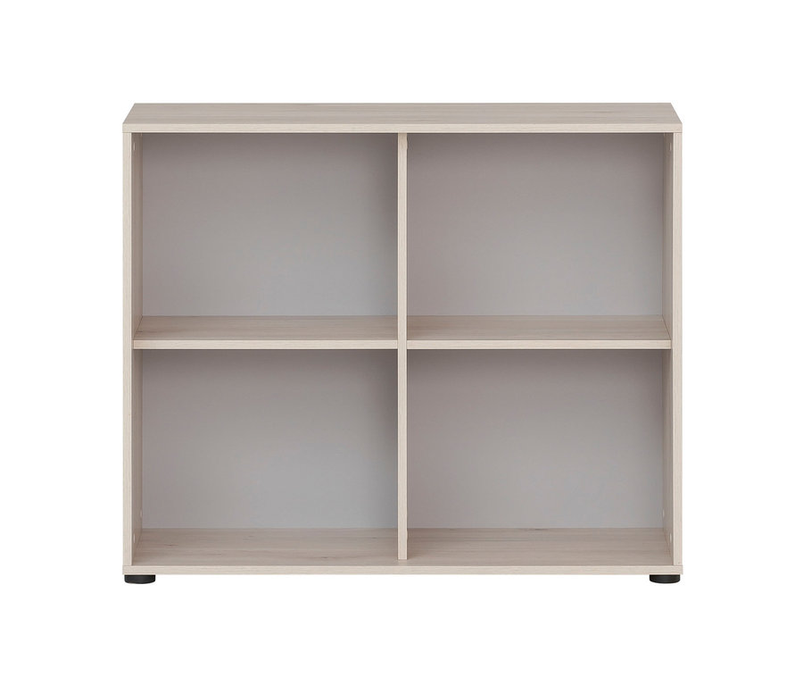 Quadratisches Regal mit vier offenen Fächern in Platingrau und Sandeichedekor.