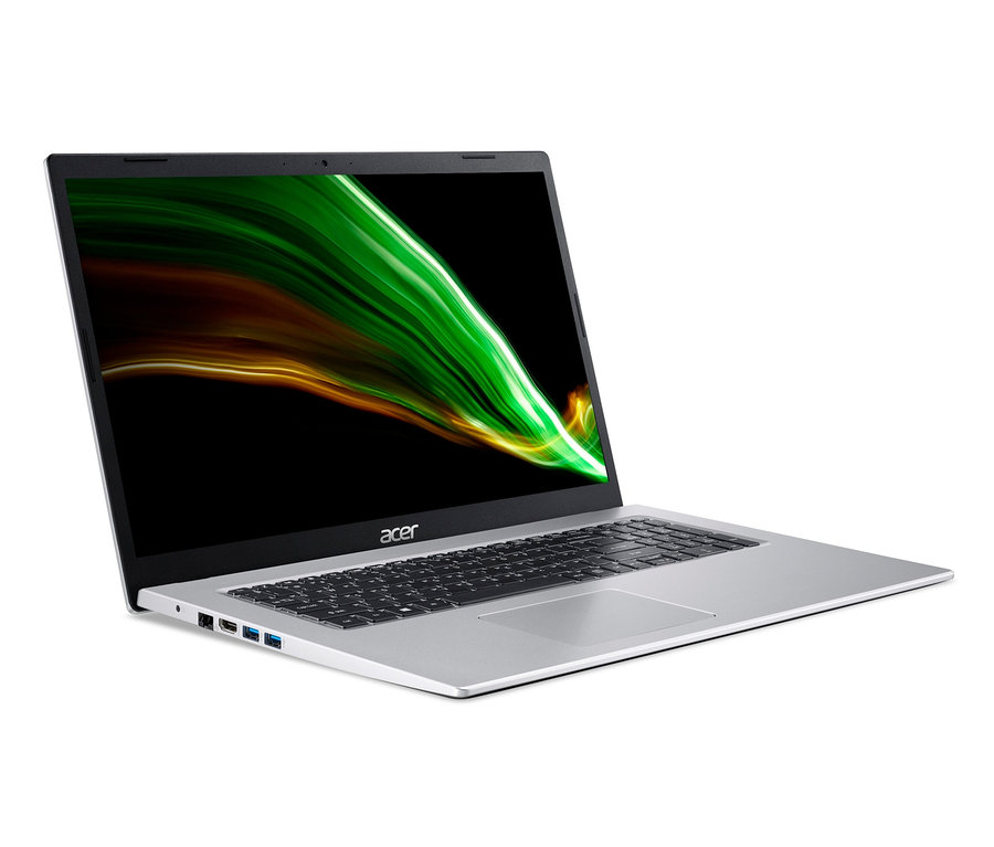 Silbernes Acer Aspire 3 A317-33-P059 Notebook mit schwarzer Tastatur und Bildschirm, der abstrakte grüne und gelbe Linien auf schwarzem Hintergrund zeigt.