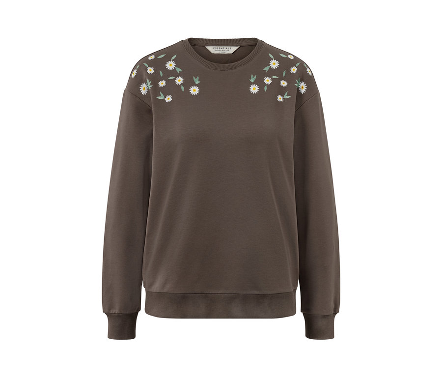 Braunes Sweatshirt mit Gänseblümchen-Stickerei an den Schultern.