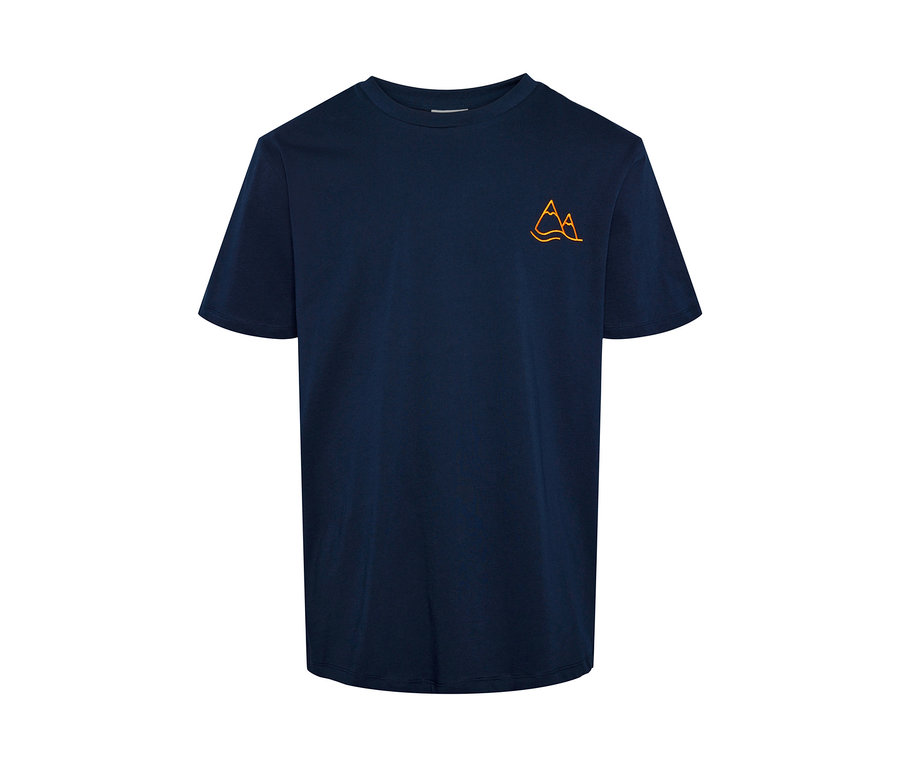 Marineblaues T-Shirt mit Berg- und Wellenstickerei.