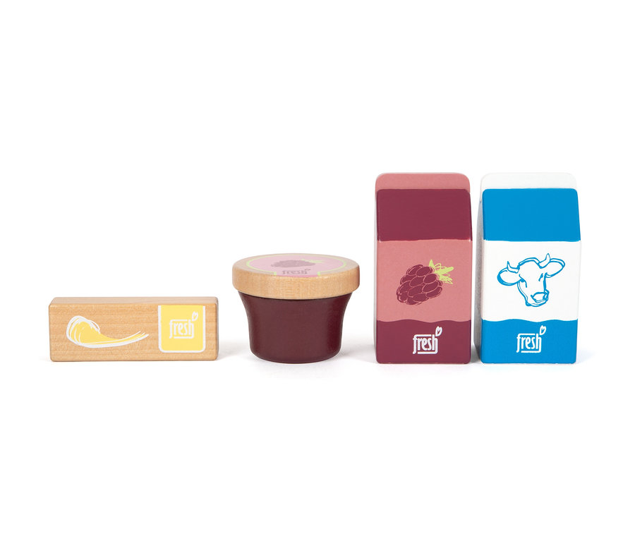 Holzspielzeug: Butterwürfel, Marmeladenglas, Himbeersaftpackung und Milchpackung.