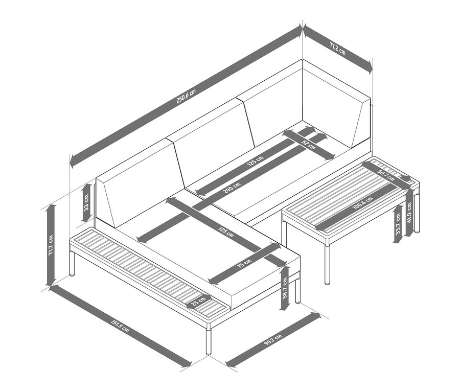 Abmessungen der Lounge-Ecke Elin mit Premium-Komfort-Kissen.