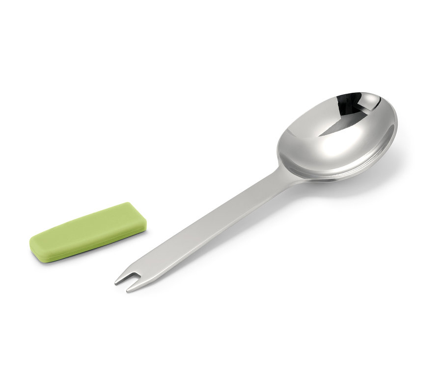 Ein silberner Löffel und eine grüne Hülle auf weißem Hintergrund.