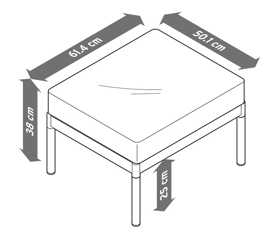 Abbildung eines quadratischen Teils des Elin-Möbelsets mit den Maßen 61,4 cm, 50,1 cm, 38 cm und 25 cm.