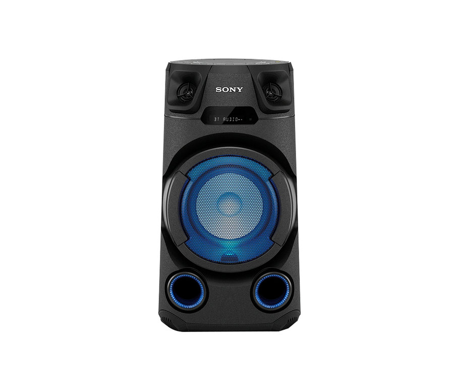 Schwarzes Sony One-Box-Soundsystem »MHC-V13« mit blauer Beleuchtung.