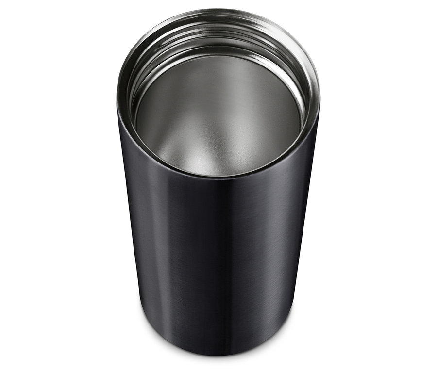 Draufsicht auf einen anthrazitfarbenen Coffee-to-go-Becher.