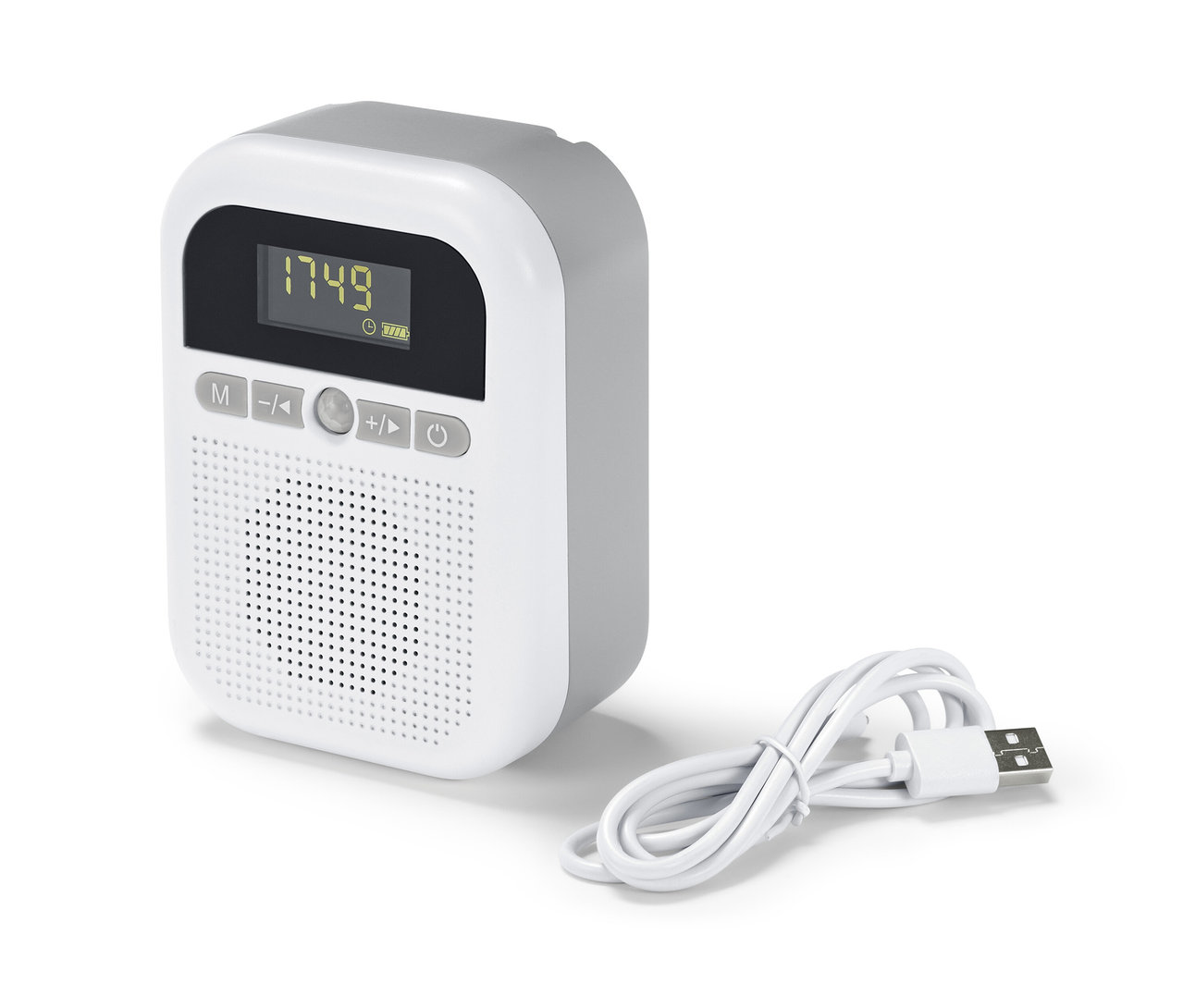 Graues Badradio mit weißer Vorderseite und USB-Kabel.