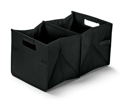 Eine schwarze Auto-Faltbox mit drei Fächern und Griffen.