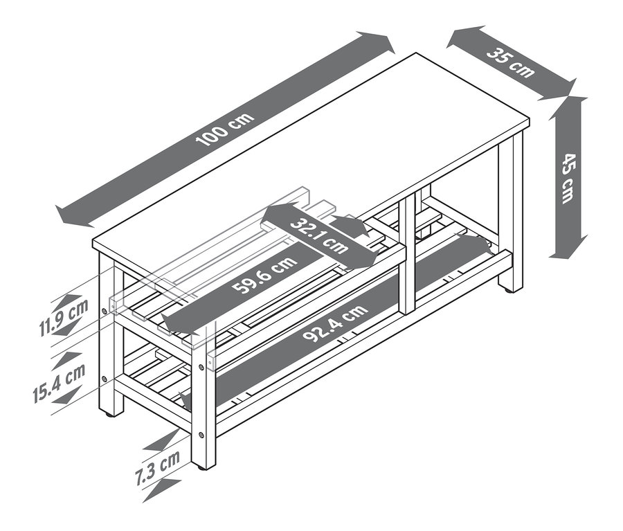 Diagramm einer Sitzbank mit offenem Schuhfach, inklusive Maße.