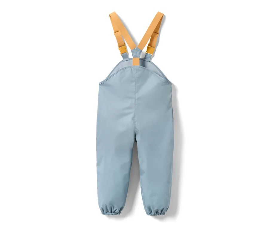 Hellblaue Kinder-Thermo-Regenhose mit gelben Trägern.