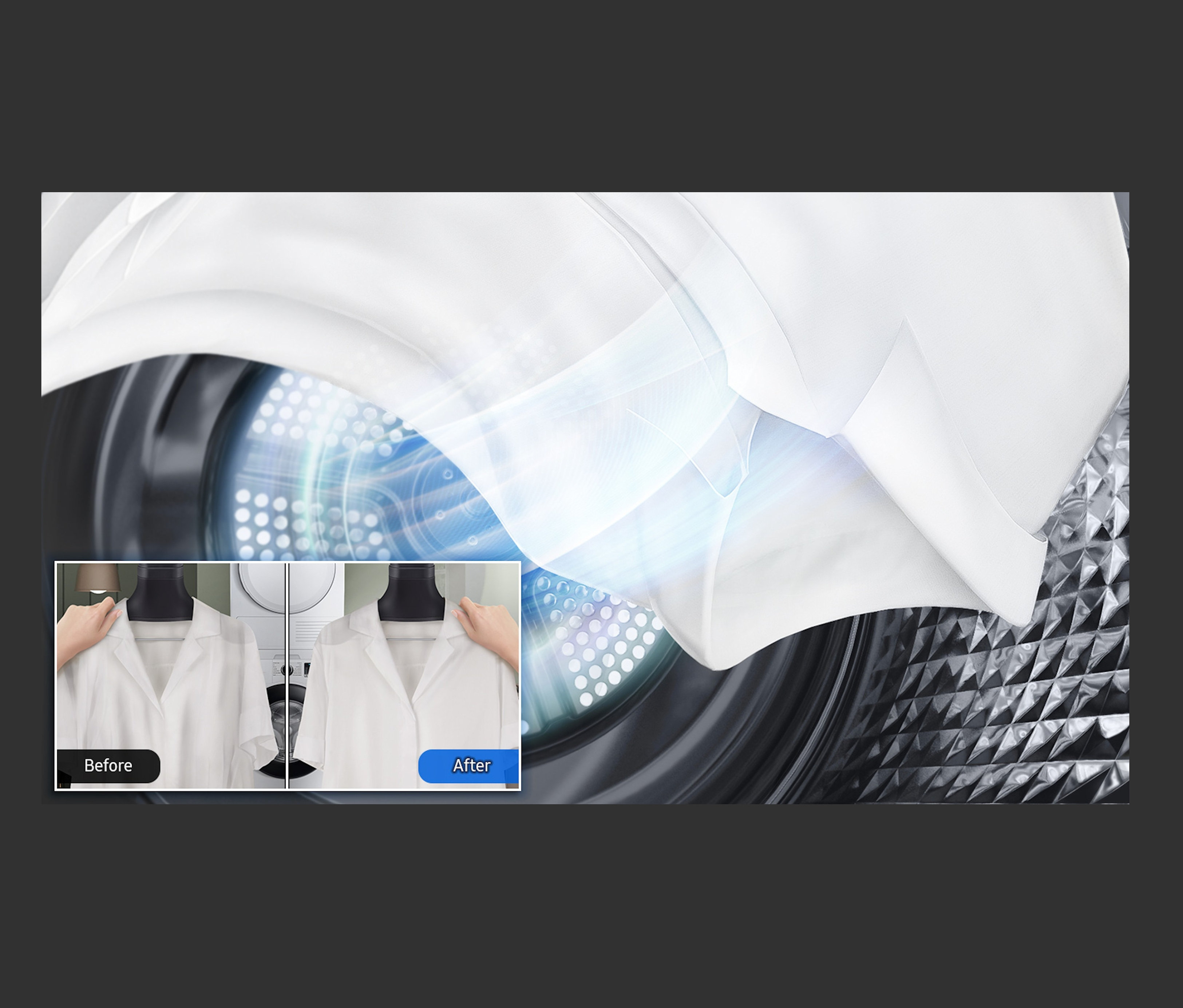 Ein weißes Hemd wirbelt in einem Samsung Wärmepumpentrockner DV9ETA040AE/EG.