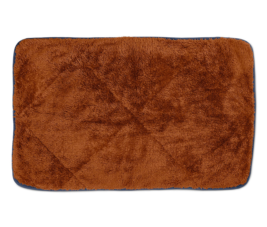 Eine braune Hunde-Kuscheldecke mit blauem Rand.