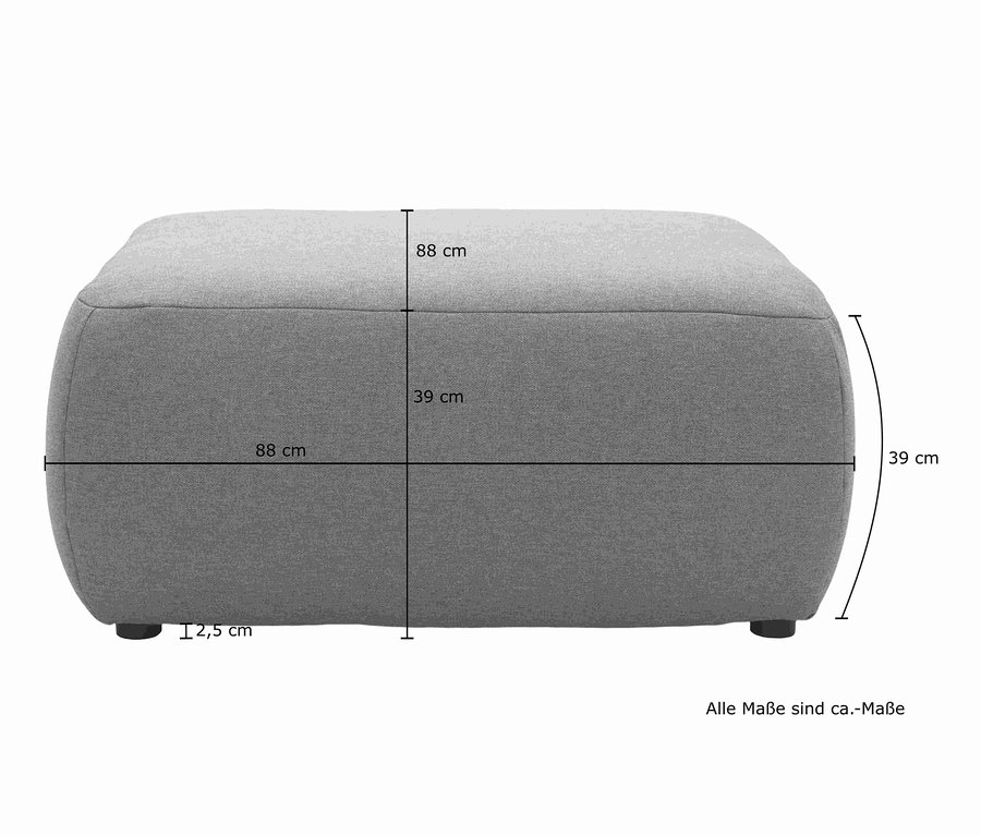 Abmessungen des grauen DOMO Collection Hockers Cesena sind 88 x 88 x 39 cm.