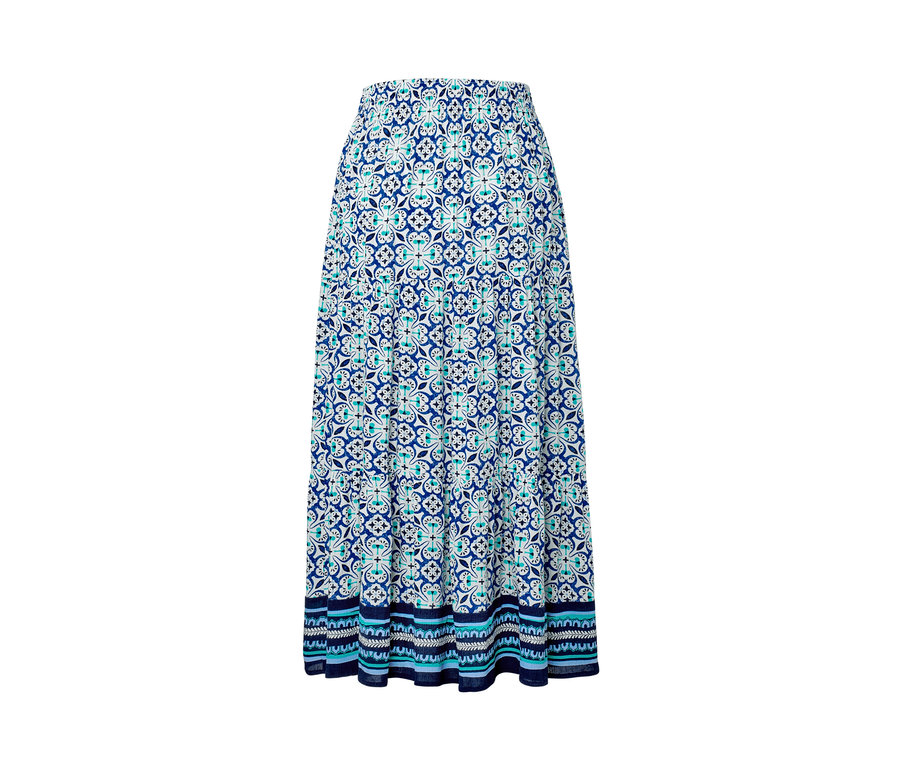 Ein langer Webrock mit blau-weissem Alloverprint.