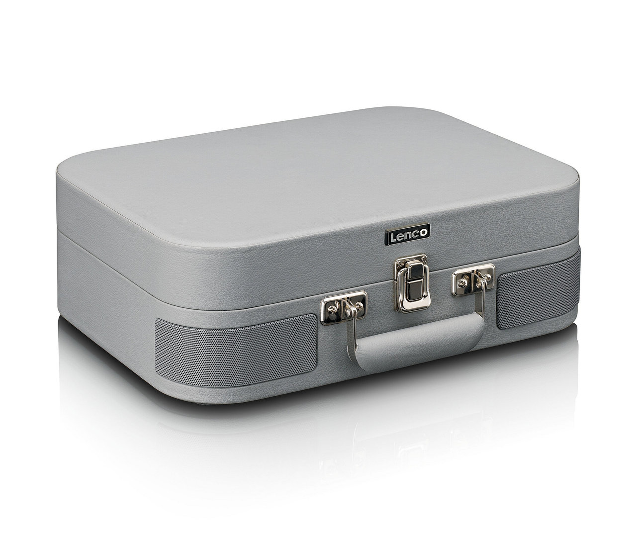 Grauer Lenco Plattenspieler TT-116 im Kofferdesign auf weißem Hintergrund.