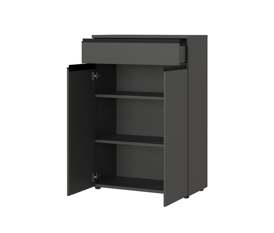 Geöffneter graphitfarbener Aktenschrank »Bedano« mit Regalen und Schublade.