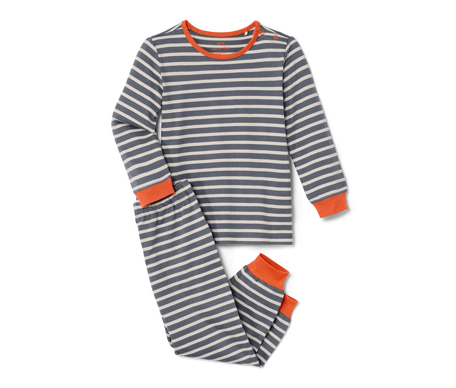 2 Kleinkinder-Pyjamas, blau gestreift und olivgrün.