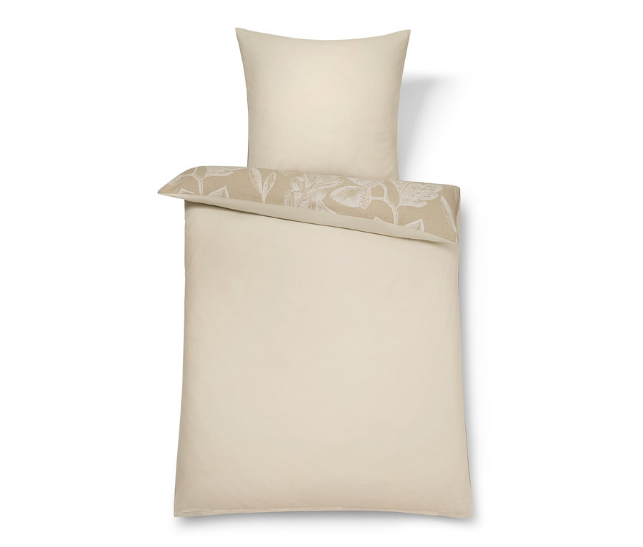 Beige Bettwäsche mit Blumenmuster und Kissen oben. Flanell-Bettwäsche in Übergröße und Normalgröße sind vorhanden.