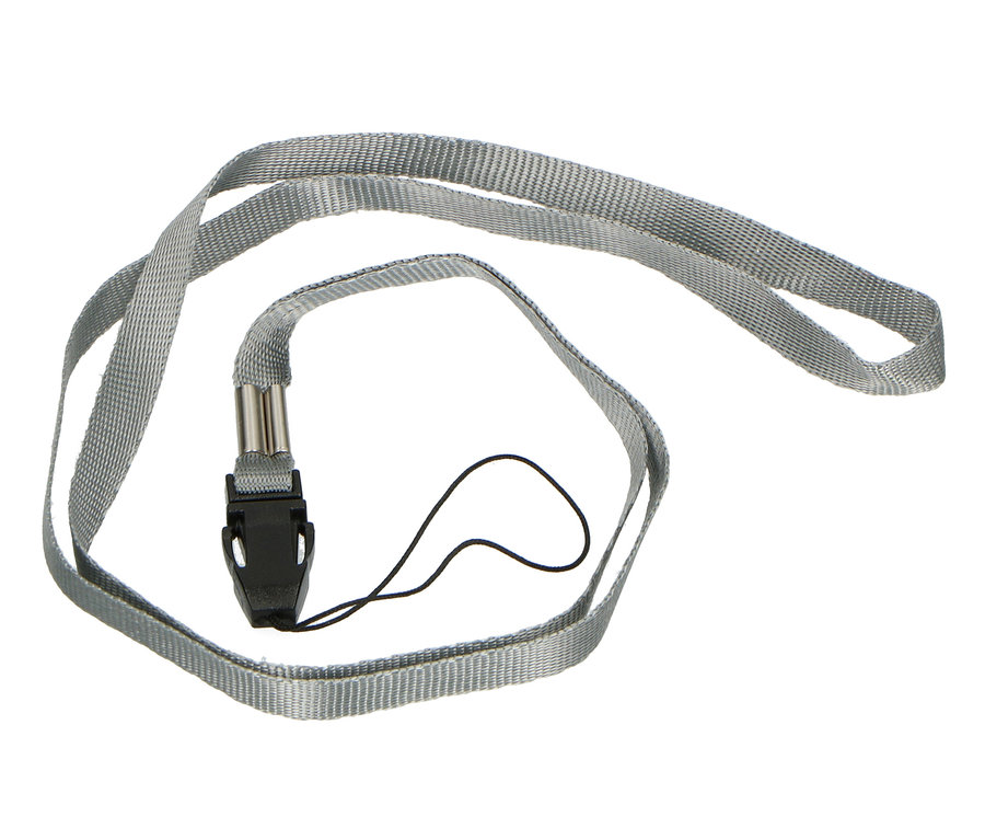 Graues Schlüsselband mit schwarzem Plastikclip und schwarzer Schnur.