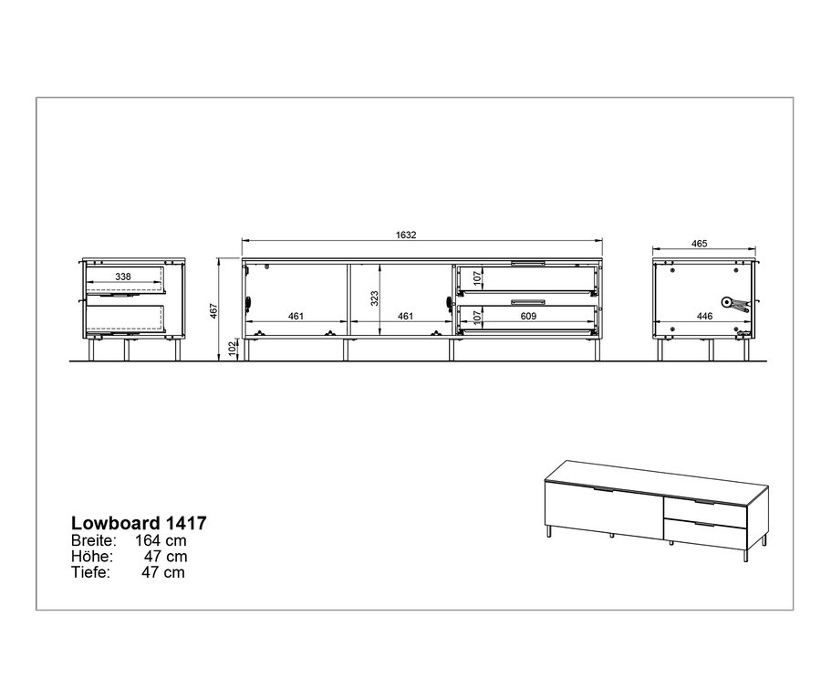 Diagramm der technischen Zeichnungen für Lowboard Kenora.