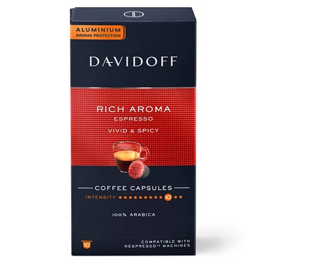 Eine Packung Davidoff Rich Aroma Kaffeekapseln.