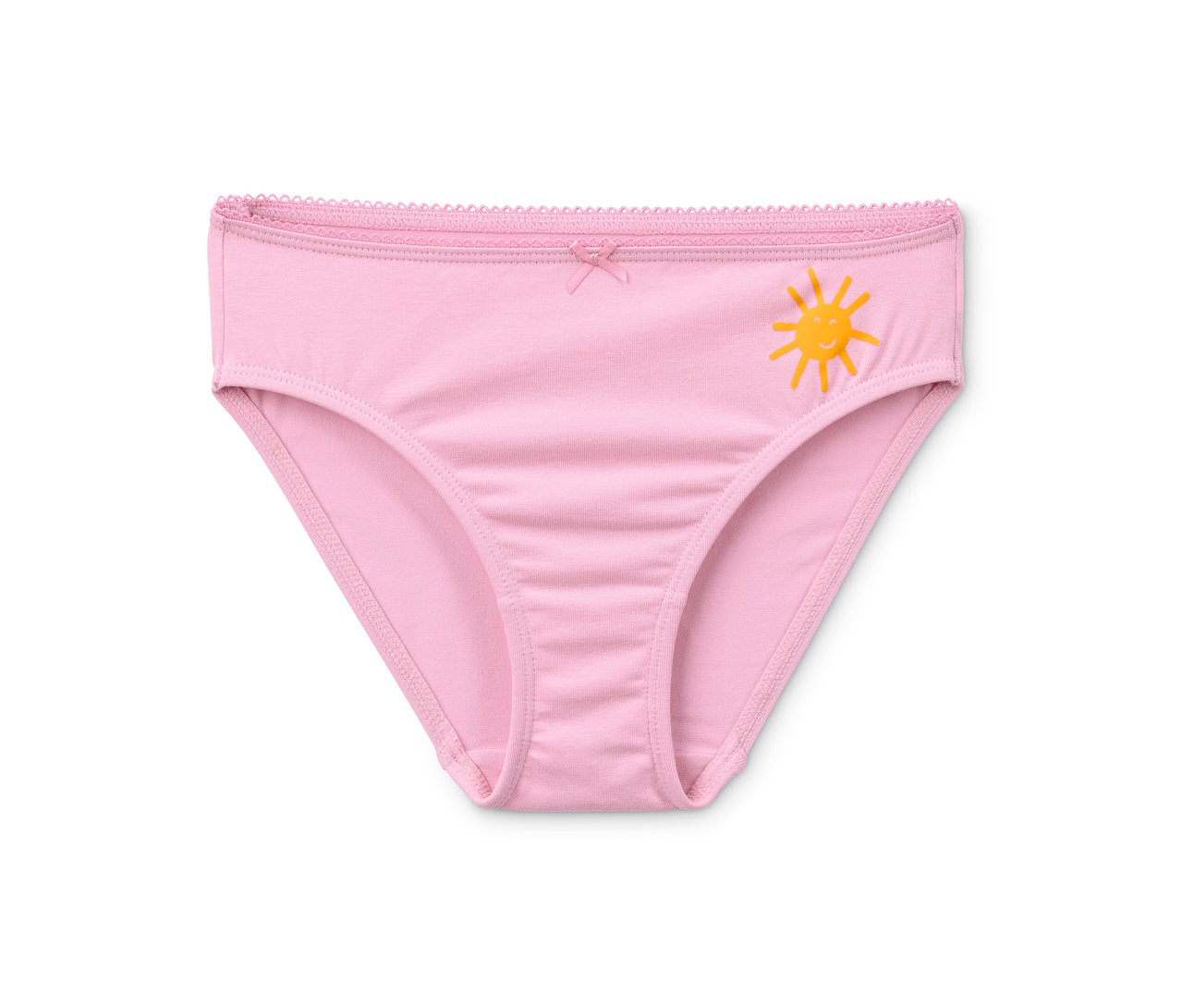 Ein einzelner rosafarbener Mädchen-Slip aus Bio-Baumwolle mit Sonnenaufdruck.