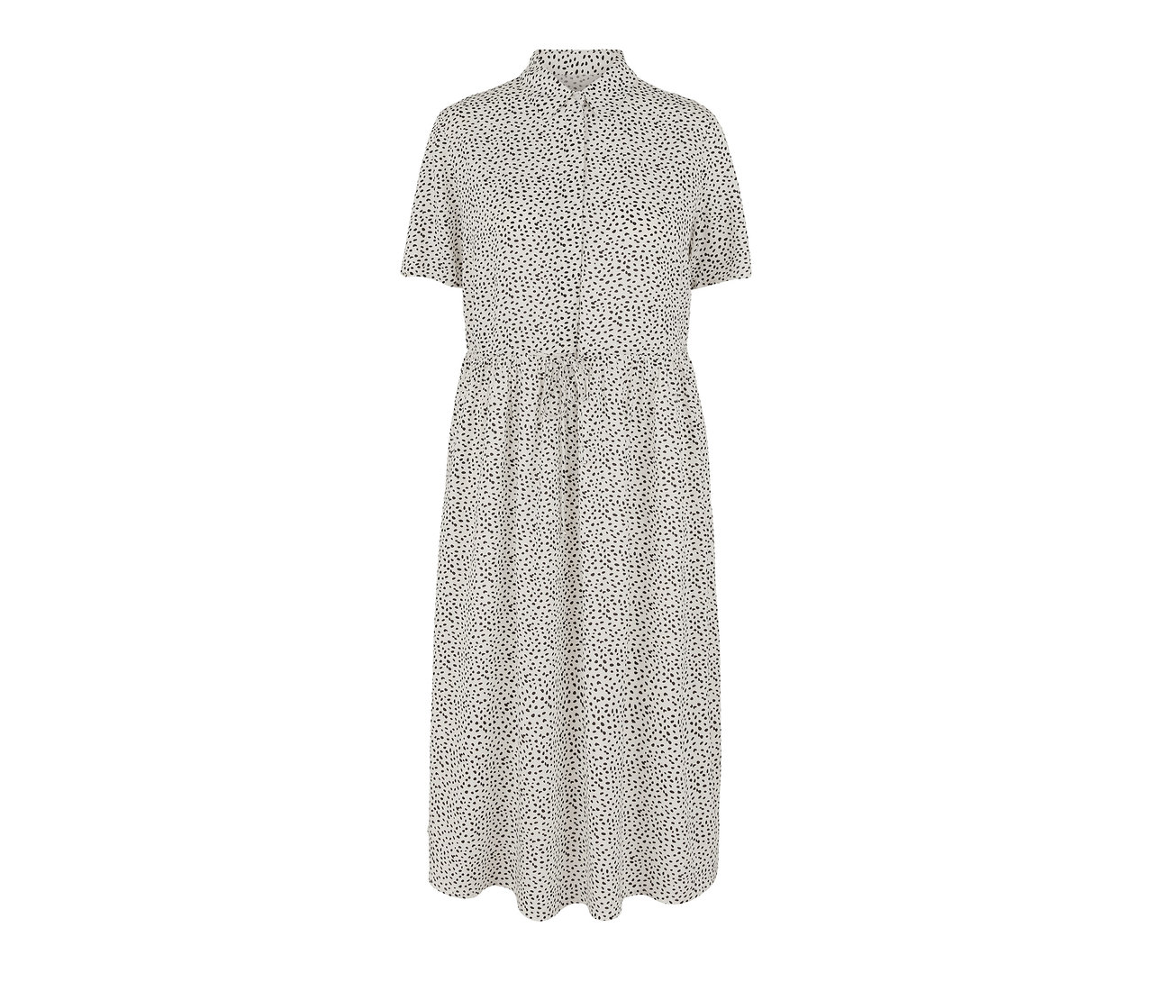 Ganzansicht eines Hemdblusenkleids mit kurzen Ärmeln und einem Allover-Muster.