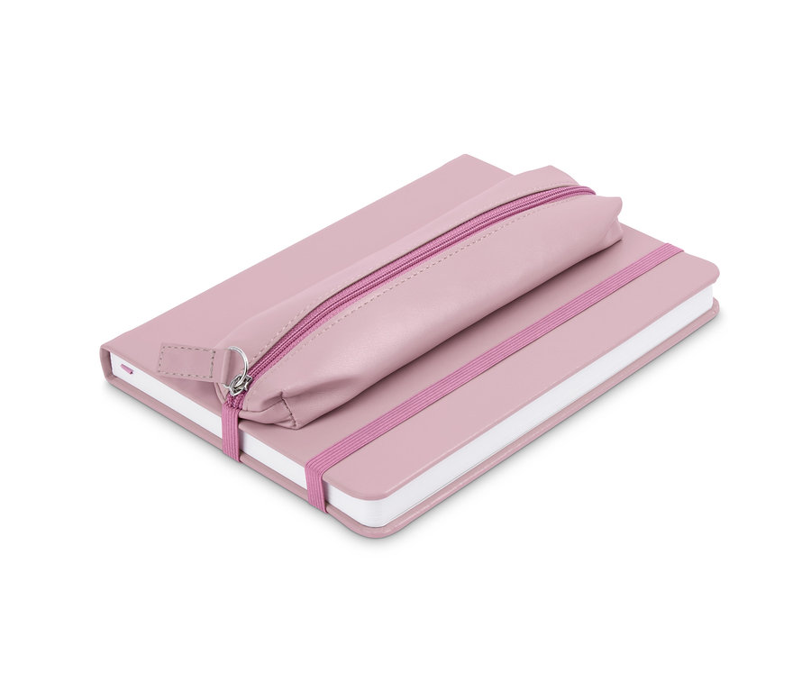 Rosa Notizbuch mit Stift und Etui.