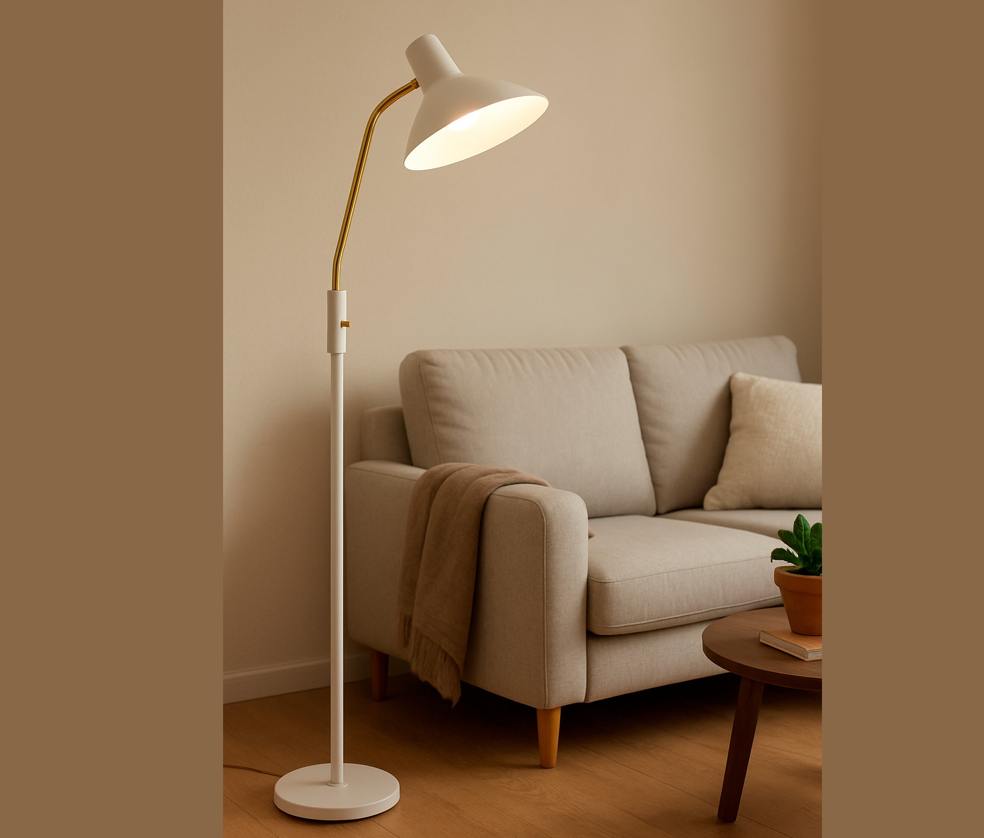 Eine weiße Stehlampe steht neben einem beigen Sofa mit einer braunen Decke.