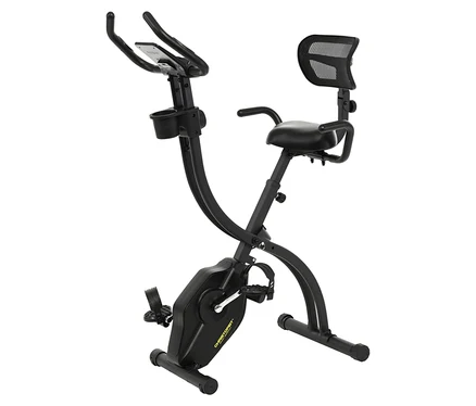Schwarzes Heimtrainer-Fahrrad mit Rückenlehne.